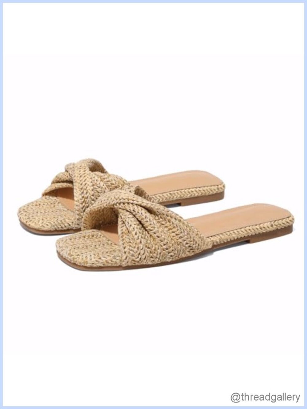 Woven Straw Slide Sandals Square Toe Slip On Women's Summer Beach Shoes